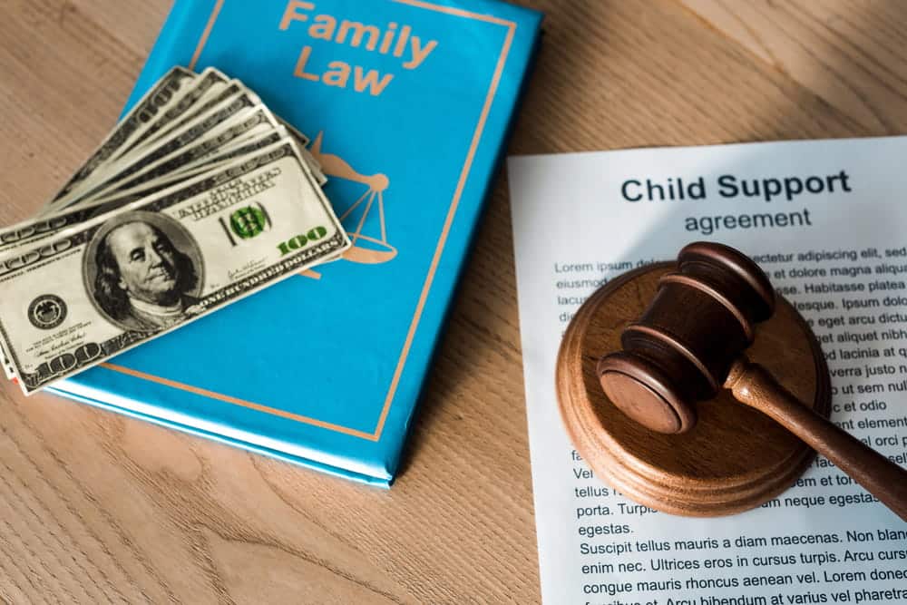 Image is of a family law book, child support agreement, and judge's gavel, concept of child support attorney.
