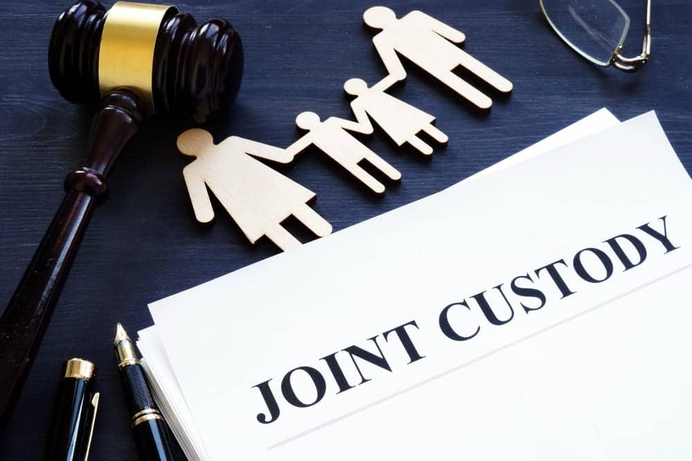 Image is of joint custody documents with a gavel and family figures, representing legal arrangements for joint custody.